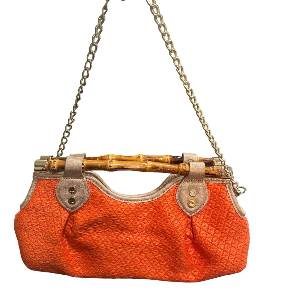 Elaine Turner Beach Grass Bamboo Handles Handbag with Matching Mirror